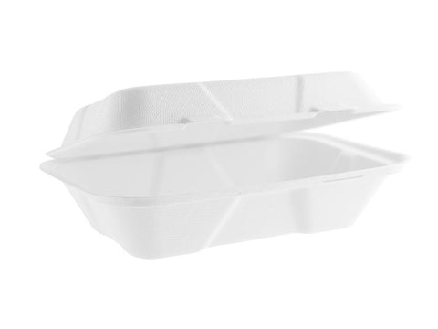 9 x 6in large bagasse clamshell - white