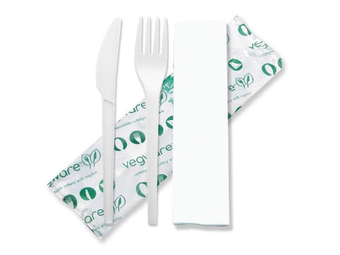 Cutlery (6.5in knife, fork, napkin in bio bag) - white