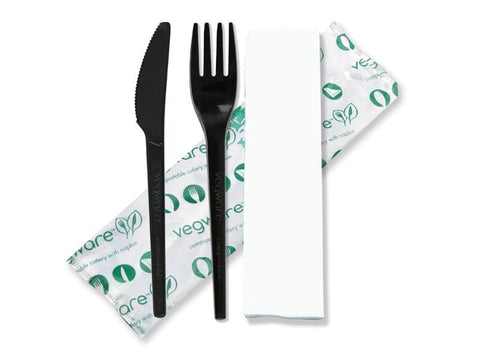 Cutlery (6.5in knife, fork, napkin in bio bag) - black