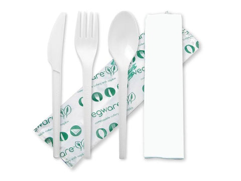 Cutlery (6.5in knife, fork, spoon, napkin in bio bag)-white